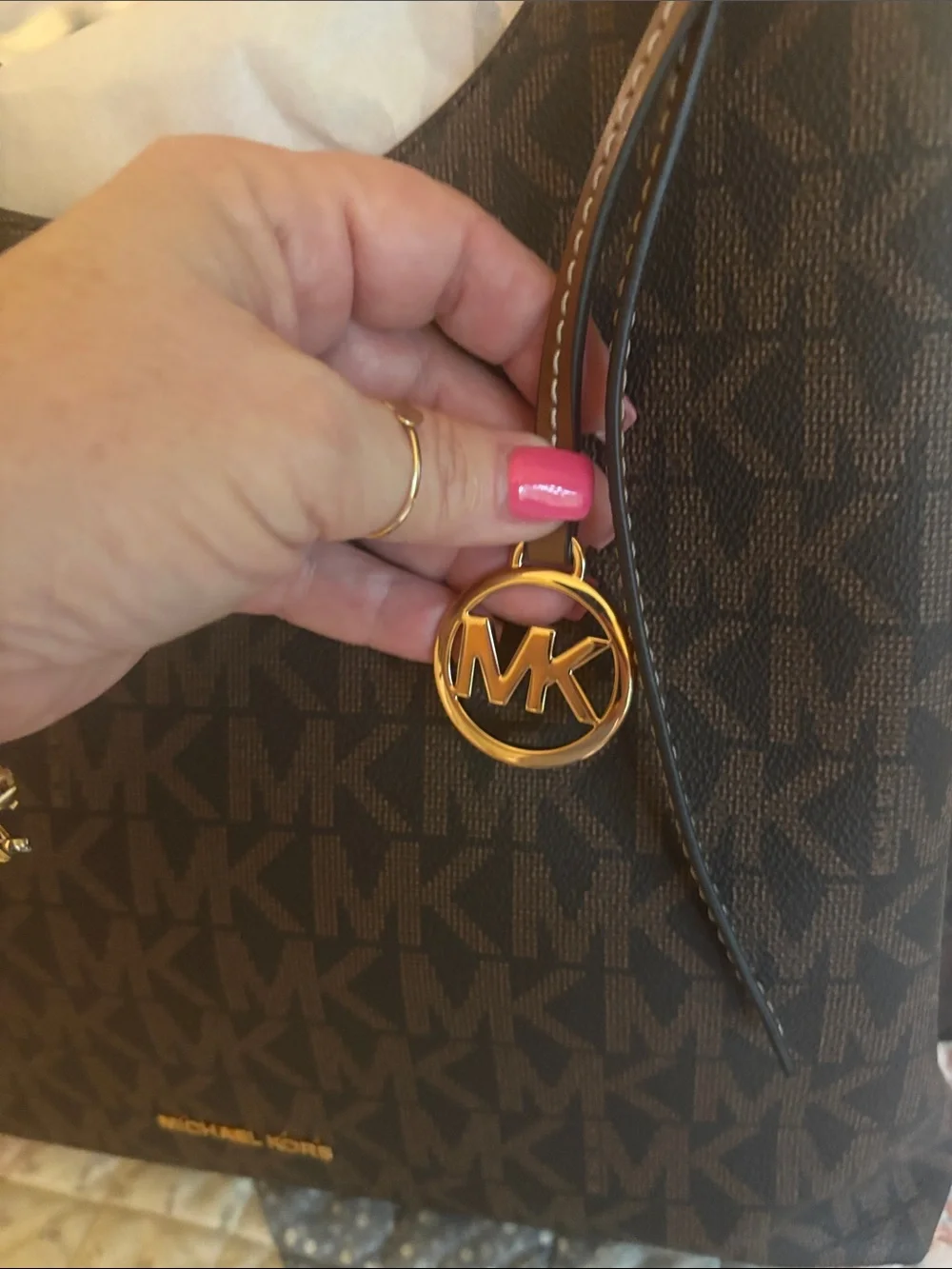 Michael Kors Brown Logo Jacquard Shoulder Bag with Gold Hardware